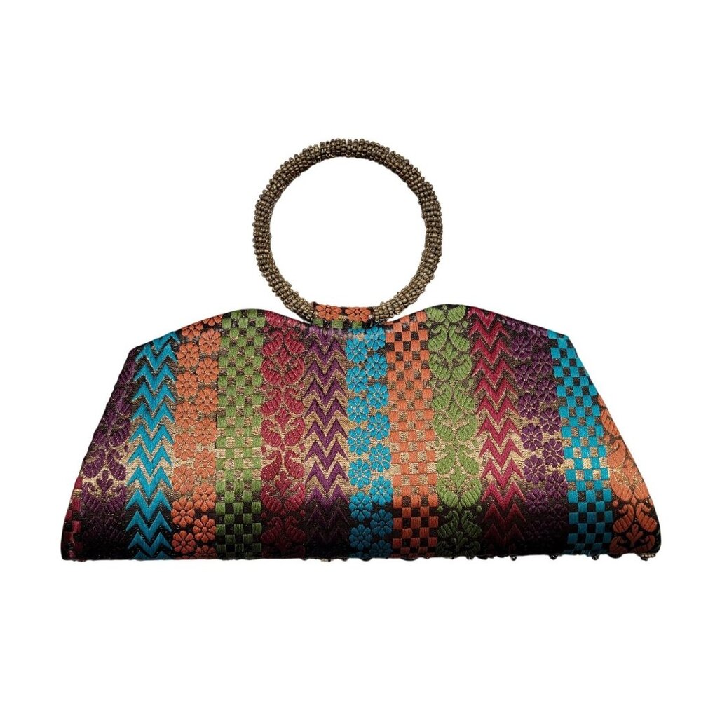 Vintage Handcrafted Multicolor Beaded Handle Clutch Purse With Floral & Geometri - Picture 2 of 7